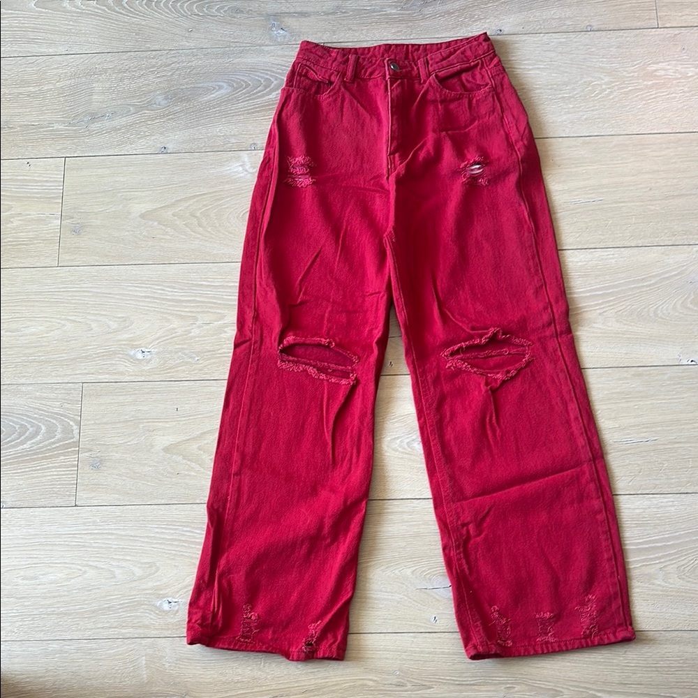 Red Distressed Wide-Leg Jeans - High Rise - Picture 1 of 3
